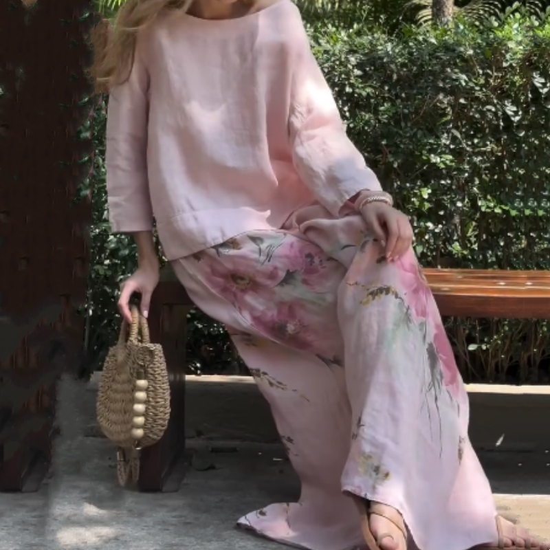 🌸Spring Specials💓Solid Tops & Floral Wide-Leg Pants (2-Piece Set)