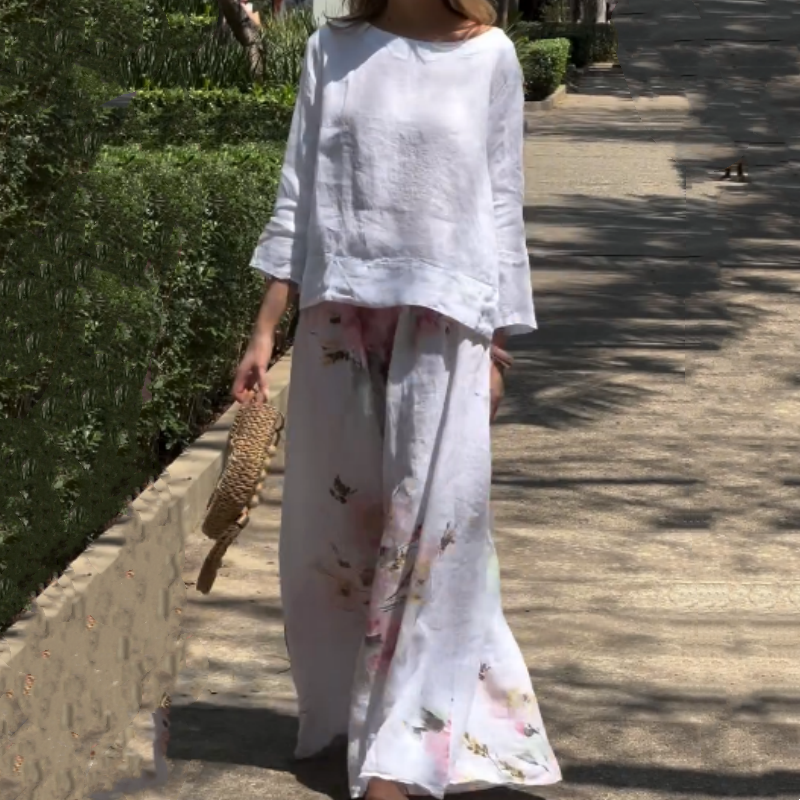 🌸Spring Specials💓Solid Tops & Floral Wide-Leg Pants (2-Piece Set)