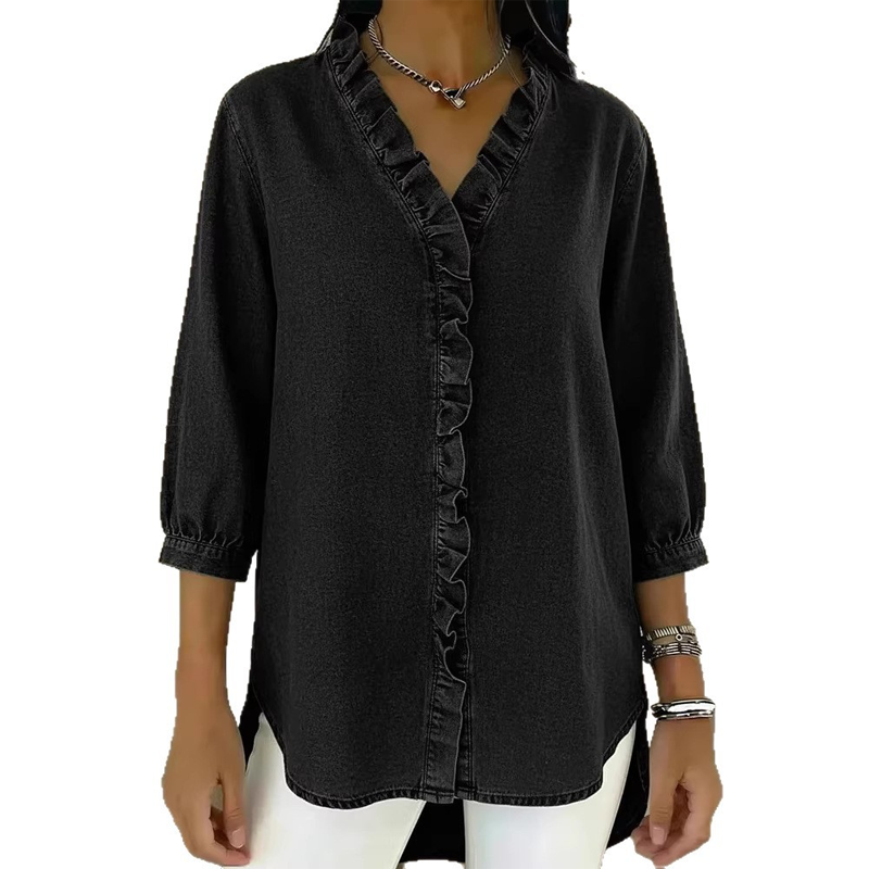 Women's Casual Ruffle V-Neck Shirt | Soft, Breathable & Flattering High-Low Hem ✨