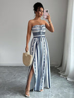 👗 Geometric Jumpsuit with Halter Neckline & Side Slit – Unique print & elastic back