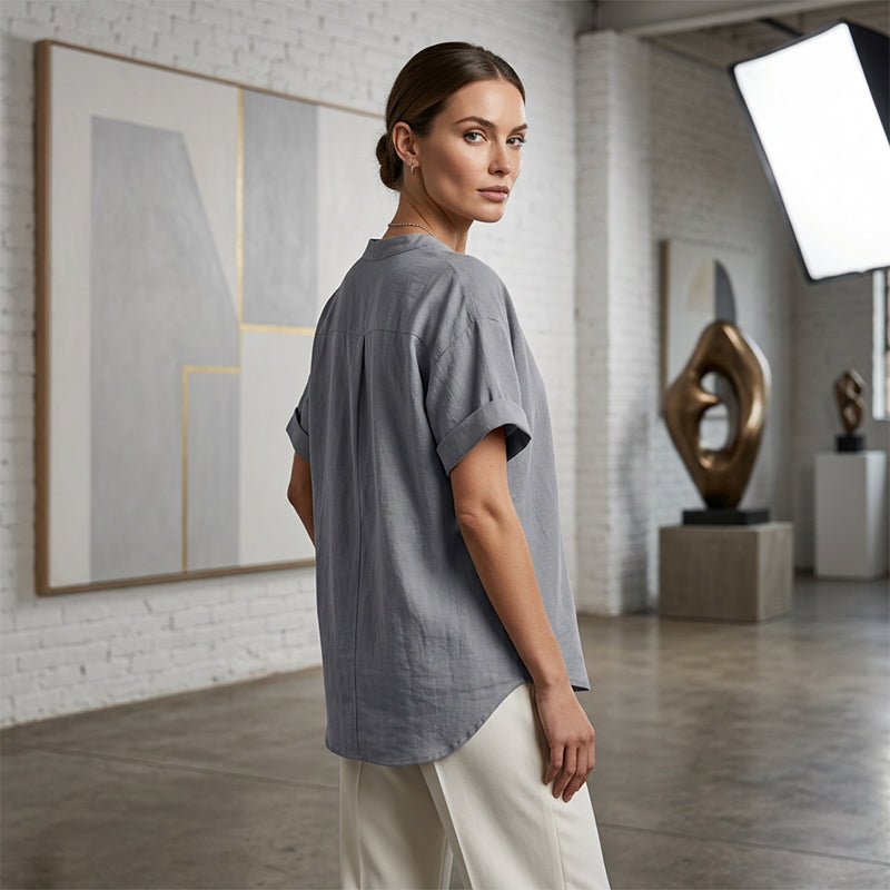 💎 Fashion Loose Short Sleeve Top – Notched V-Neck, Asymmetrical Hem & Lightweight Fabric (5 Colors, S–2XL) 👕🌸