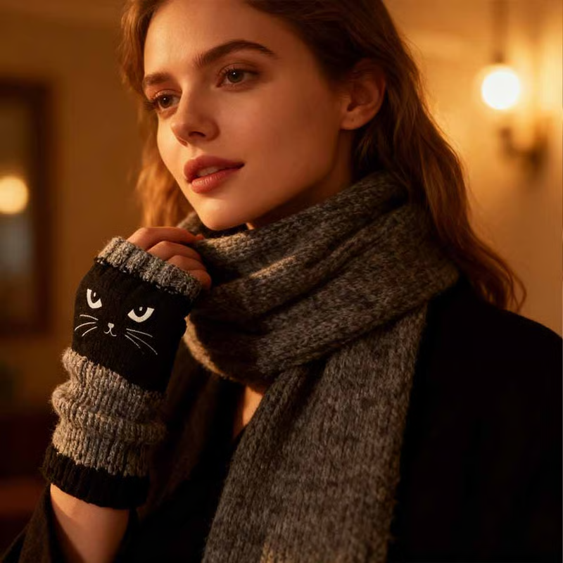 🐱 Cute Women’s Knitted Cat Gloves — For Warm Hands & Free Fingers🧶