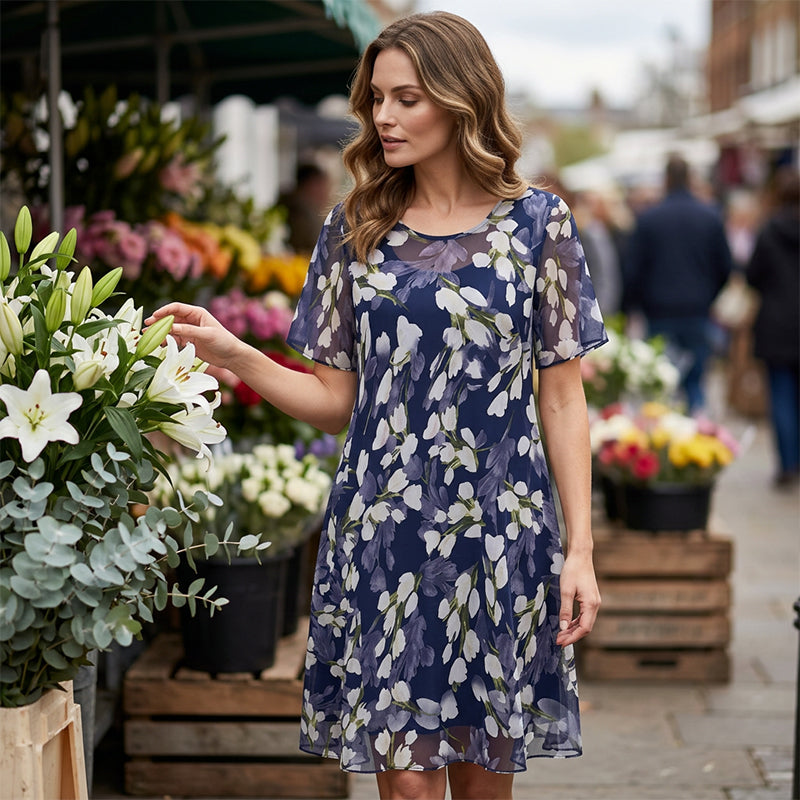 🌸Women's Floral A-Line Party Dress – Double-Layer Chiffon, Elegant Print & Knee-Length Fit 👗