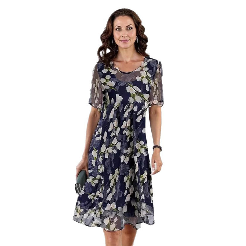 🌸Women's Floral A-Line Party Dress – Double-Layer Chiffon, Elegant Print & Knee-Length Fit 👗