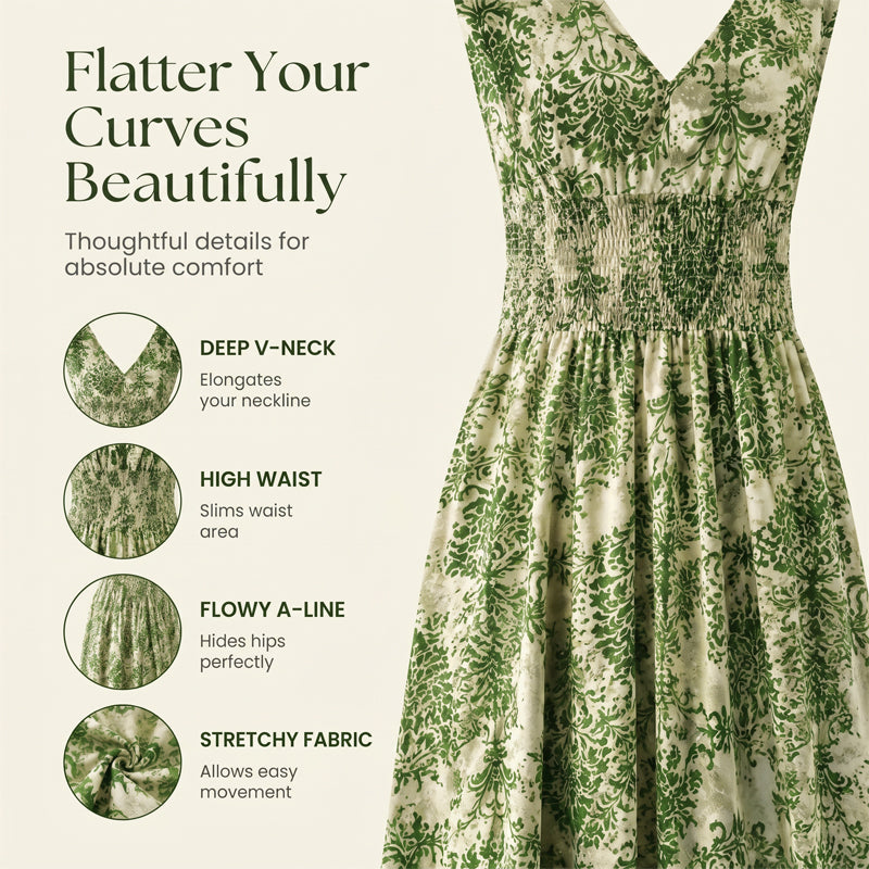 👗 Women's V-Neck Floral Smocked Maxi Dress – Elegant, Bohemian, Lightweight 🦋