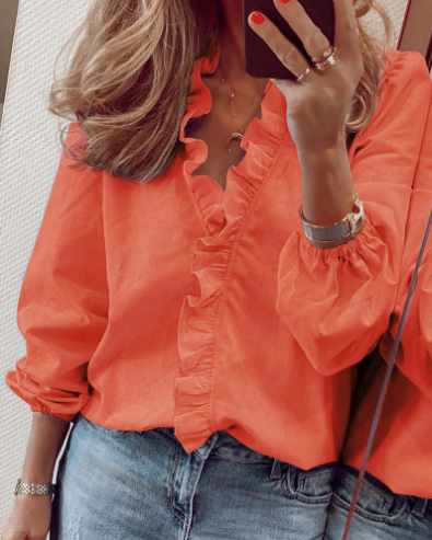 👚 Women's Ruffled Lantern Sleeve Shirt – Sweet, Loose Fit & Versatile (S–XL) 🍃