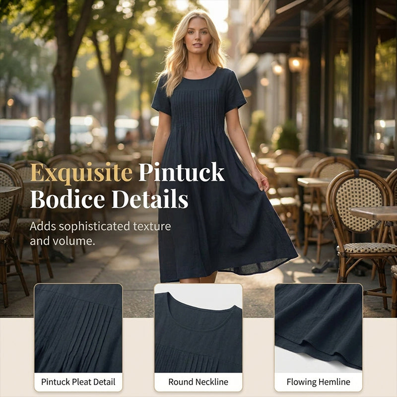 👗 Women’s Pleated Short-Sleeve Dress with Pockets – Soft Cotton-Linen Blend ☀️👜