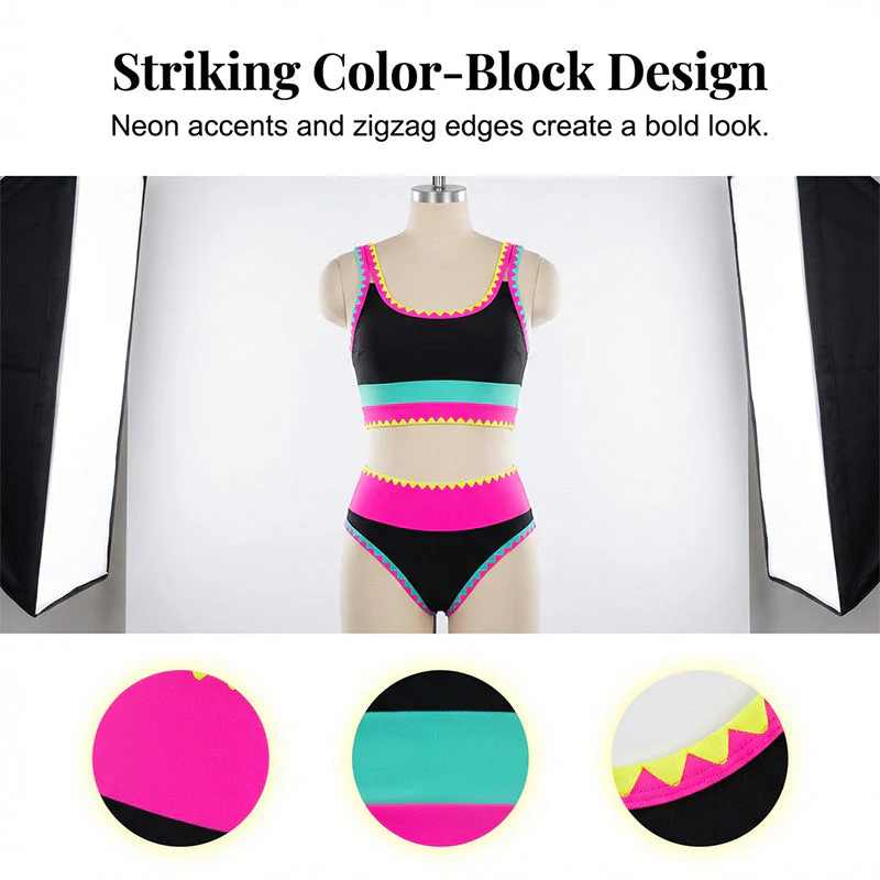 🌼Color Block Patchwork Nylon Sporty 3-Piece Bikini Set - High Waisted & Tummy Control Swimsuit👙🌈