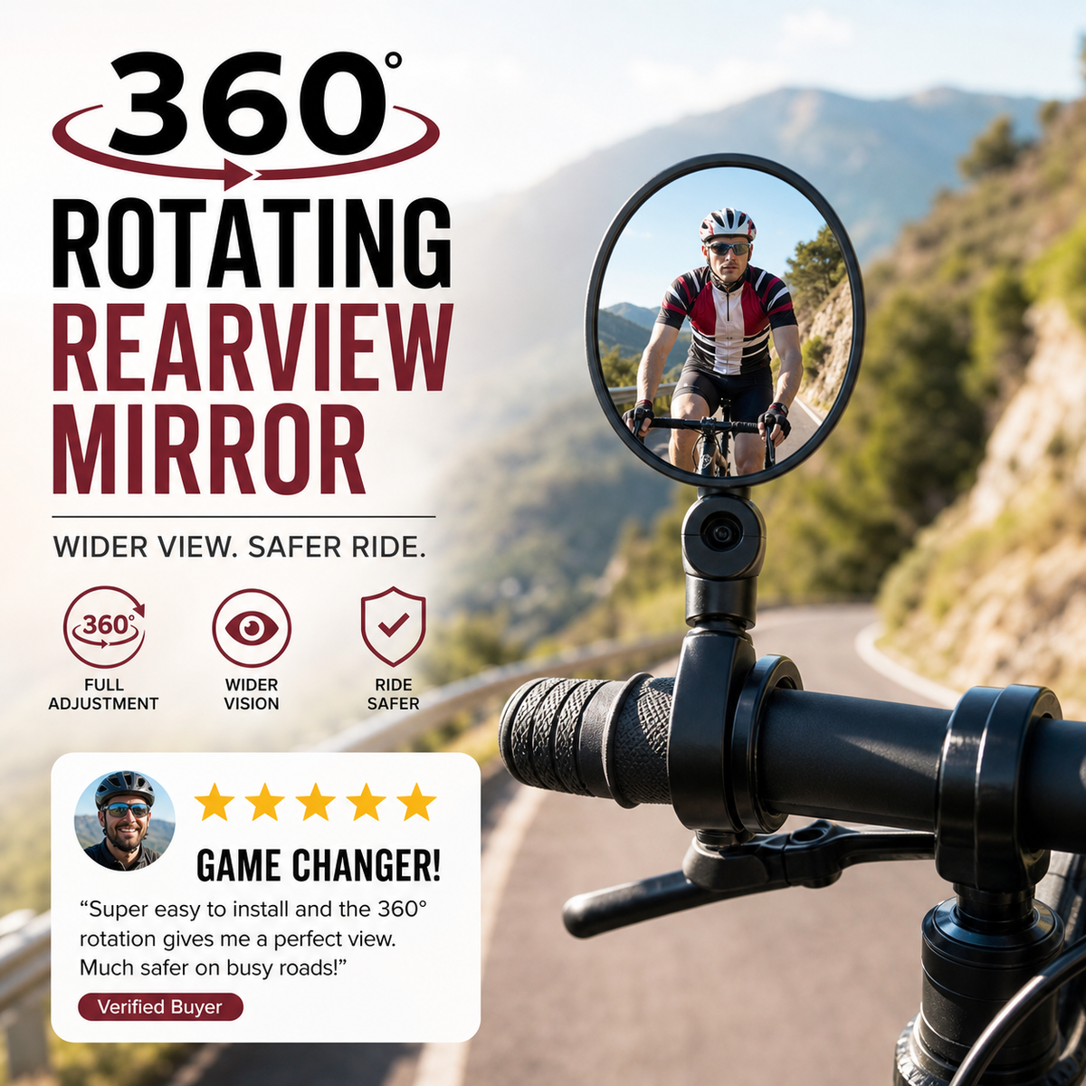 360° Rotating Rearview Mirror – Clear view behind, no more neck twisting. Fits bikes, e‑bikes & motorcycles. Tool‑free silicone strap!