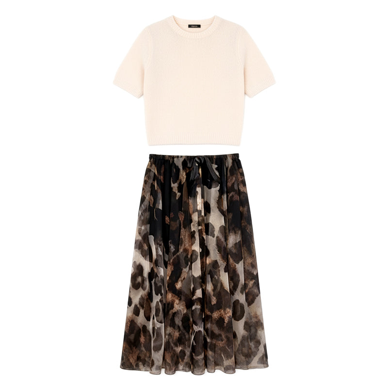 Women's Two-Piece Sweater & Leopard Flowy Skirt Set