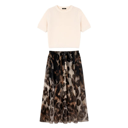 Women's Two-Piece Sweater & Leopard Flowy Skirt Set