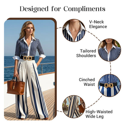 Women's Striped Shirt & Wide-Leg Pants 2-Piece Set