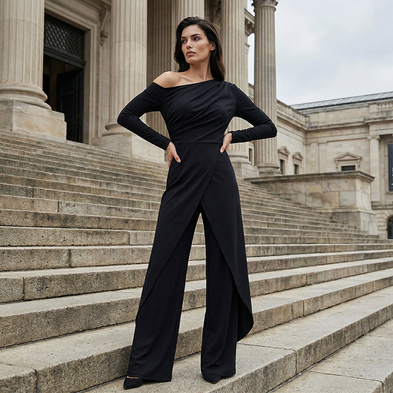 👗Women's Elegant One-Shoulder Jumpsuit – Wide-Leg Flow, Wrap Skirt Detail & Premium Breathable Fabric for a Chic Look 💃