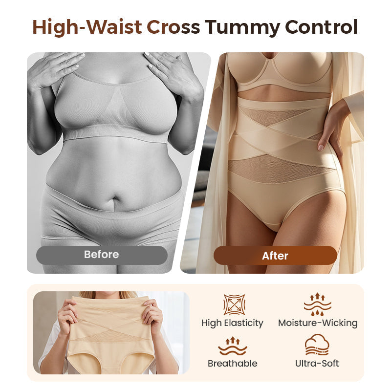 🌸Buy 1 Get 3 Packs✨Plus-Size High-Waist Cross Tummy Control Panties