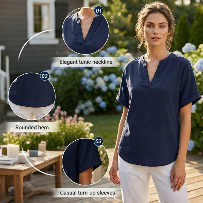 💎 Fashion Loose Short Sleeve Top – Notched V-Neck, Asymmetrical Hem & Lightweight Fabric (5 Colors, S–2XL) 👕🌸