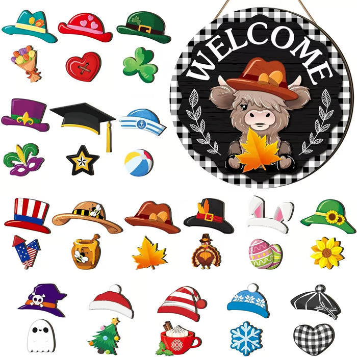🐇 Easter Sale💥Highland Cow Sign Interchangeable Welcome Sign with Magnet Detachable Hats Cute Cattle Hanging