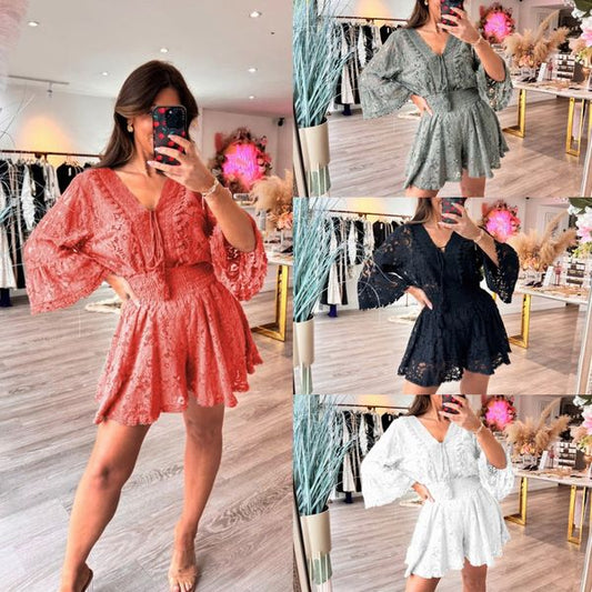 😍venderse 2024👗  Traje casual corto de encaje con cuello en V