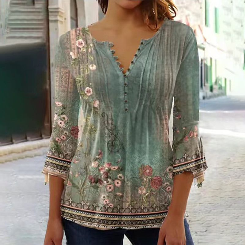 Women's Floral Button V-Neck Pleated 3/4 Sleeve T-Shirt