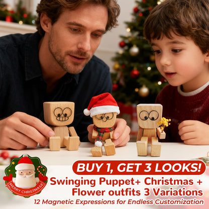 🔥Charming Little Swaying Wooden Figure & 12PCS Magnetic Expressions