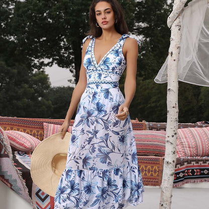 💥 V Neck Lace Up Printed One Piece Swimsuit and Skirt