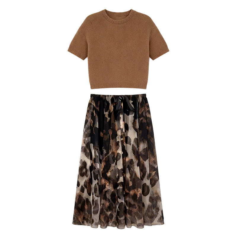 Women's Two-Piece Sweater & Leopard Flowy Skirt Set
