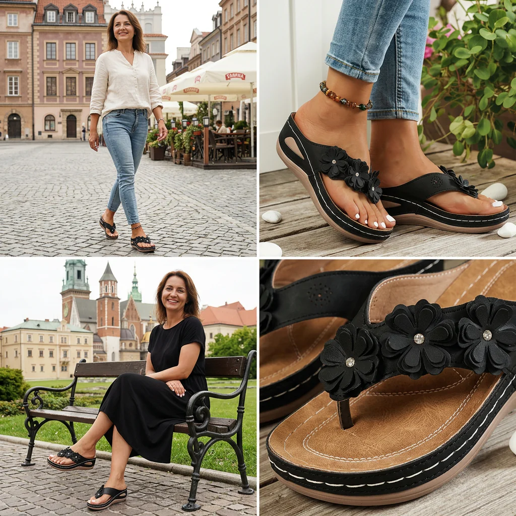 🌸 Women's Floral Wedge Thong Sandals – Floral Accents, Cushioned Arch Support & Non-Slip Outsole ✨