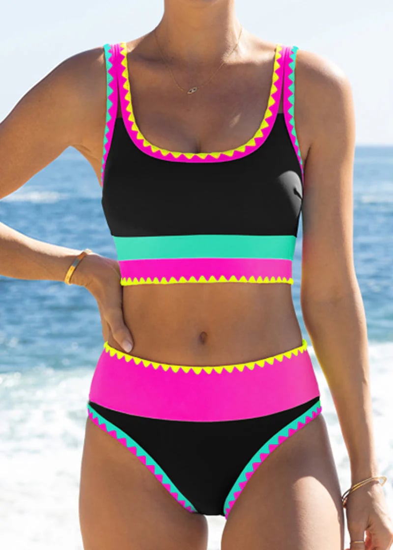 🌼Color Block Patchwork Nylon Sporty 3-Piece Bikini Set - High Waisted & Tummy Control Swimsuit👙🌈