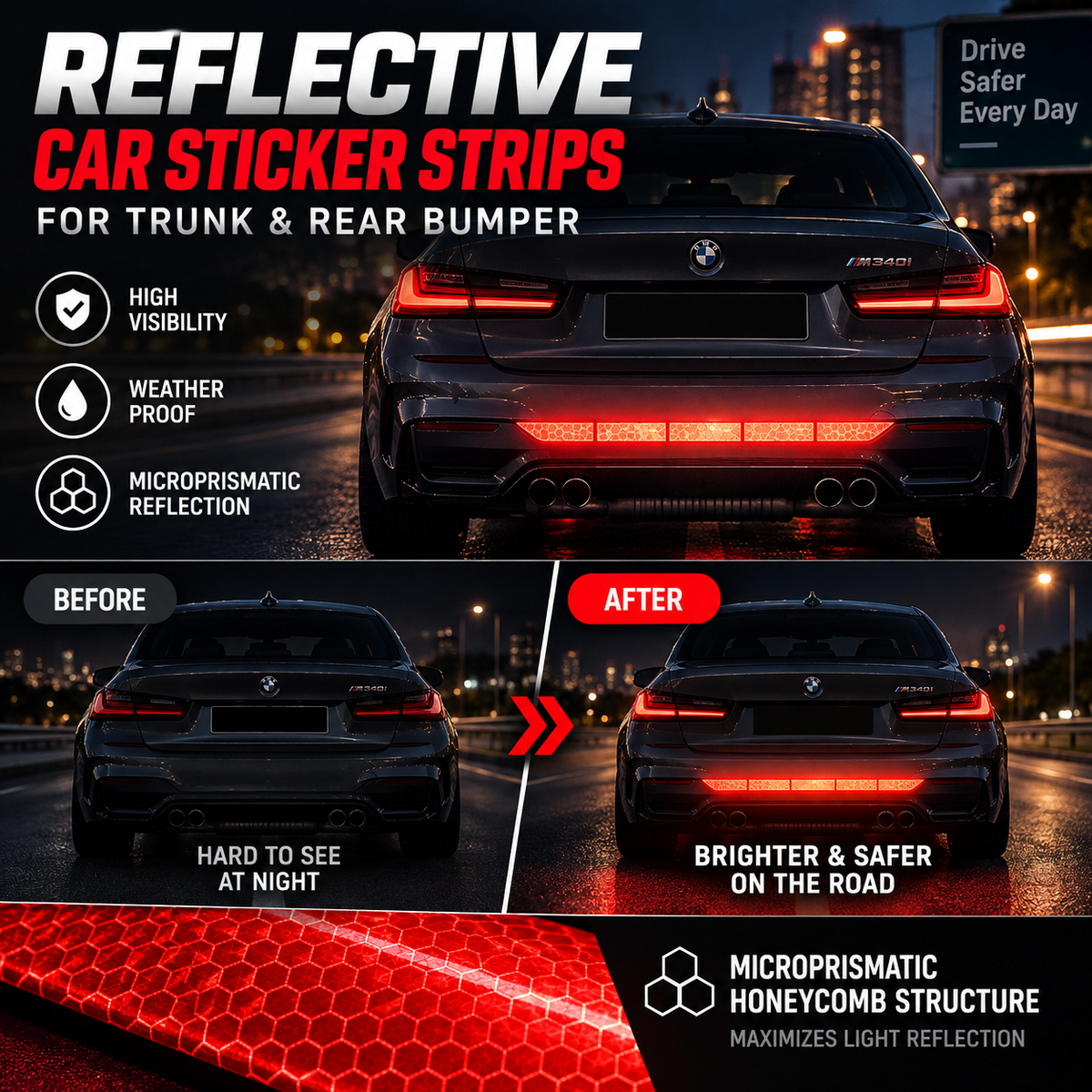 🚗 Reflective Car Sticker Strips for Trunk & Rear Bumper