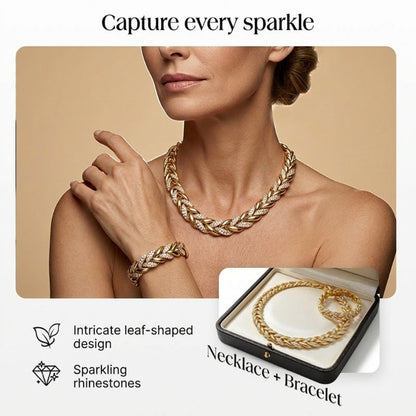 Adjustable Rhinestone Leaf Link Necklace & Bracelet Set