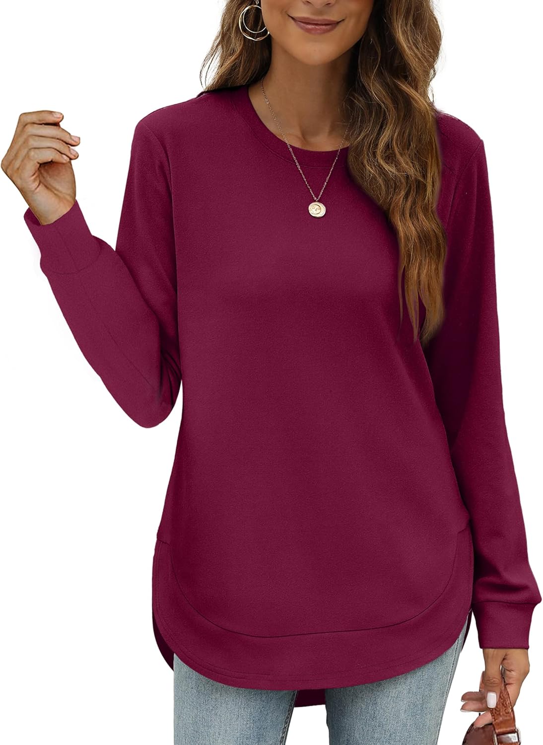 🍂Women's Sweatshirt Crewneck Long Sleeve Shirts High Low Tops Curved Hem