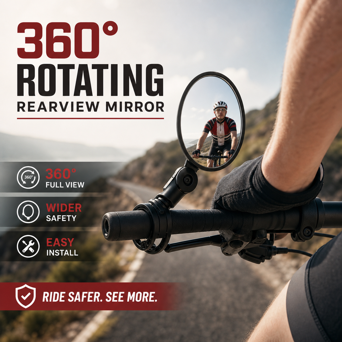 360° Rotating Rearview Mirror – Clear view behind, no more neck twisting. Fits bikes, e‑bikes & motorcycles. Tool‑free silicone strap!