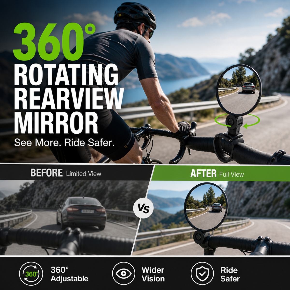 360° Rotating Rearview Mirror – Clear view behind, no more neck twisting. Fits bikes, e‑bikes & motorcycles. Tool‑free silicone strap!