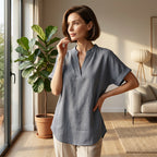💎 Fashion Loose Short Sleeve Top – Notched V-Neck, Asymmetrical Hem & Lightweight Fabric (5 Colors, S–2XL) 👕🌸