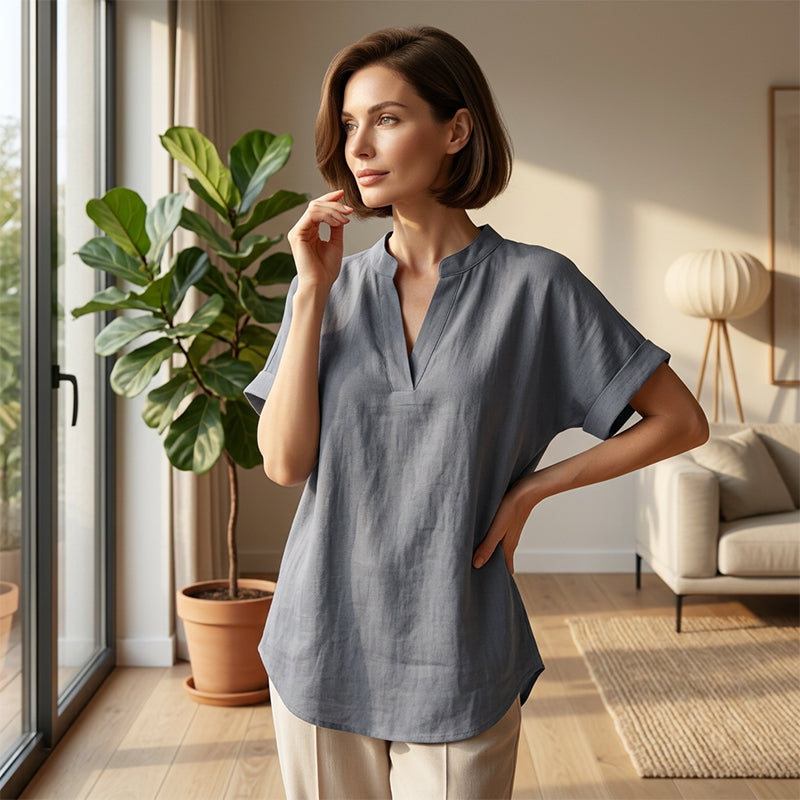 💎 Fashion Loose Short Sleeve Top – Notched V-Neck, Asymmetrical Hem & Lightweight Fabric (5 Colors, S–2XL) 👕🌸