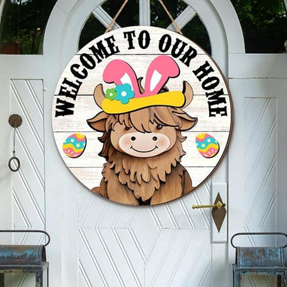 🐇 Easter Sale💥Highland Cow Sign Interchangeable Welcome Sign with Magnet Detachable Hats Cute Cattle Hanging