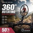 360° Rotating Rearview Mirror – Clear view behind, no more neck twisting. Fits bikes, e‑bikes & motorcycles. Tool‑free silicone strap!