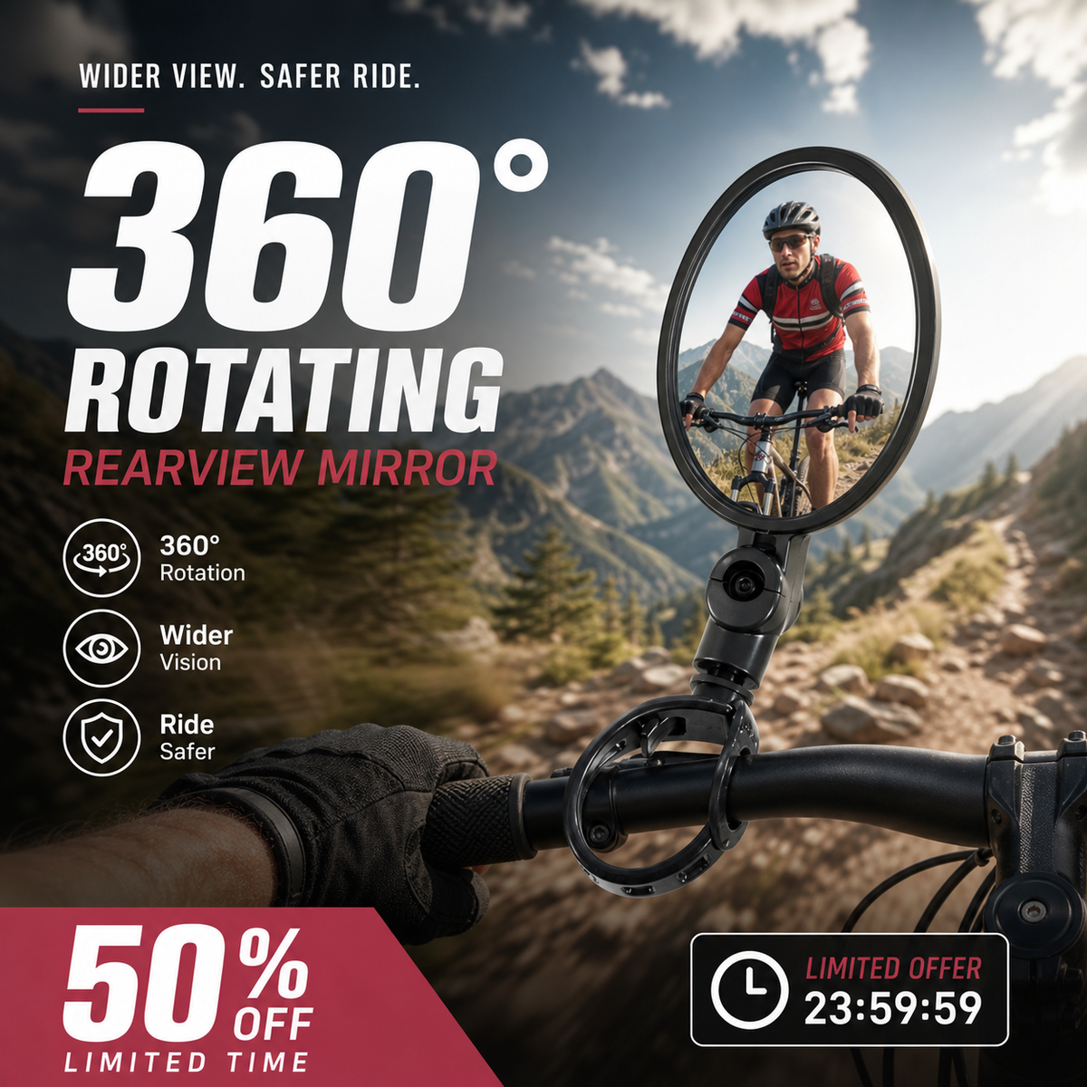 360° Rotating Rearview Mirror – Clear view behind, no more neck twisting. Fits bikes, e‑bikes & motorcycles. Tool‑free silicone strap!