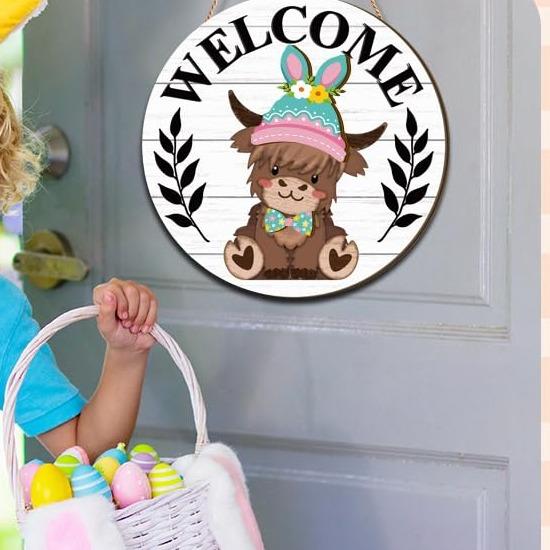 🐇 Easter Sale💥Highland Cow Sign Interchangeable Welcome Sign with Magnet Detachable Hats Cute Cattle Hanging