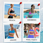 🌼Color Block Patchwork Nylon Sporty 3-Piece Bikini Set - High Waisted & Tummy Control Swimsuit👙🌈