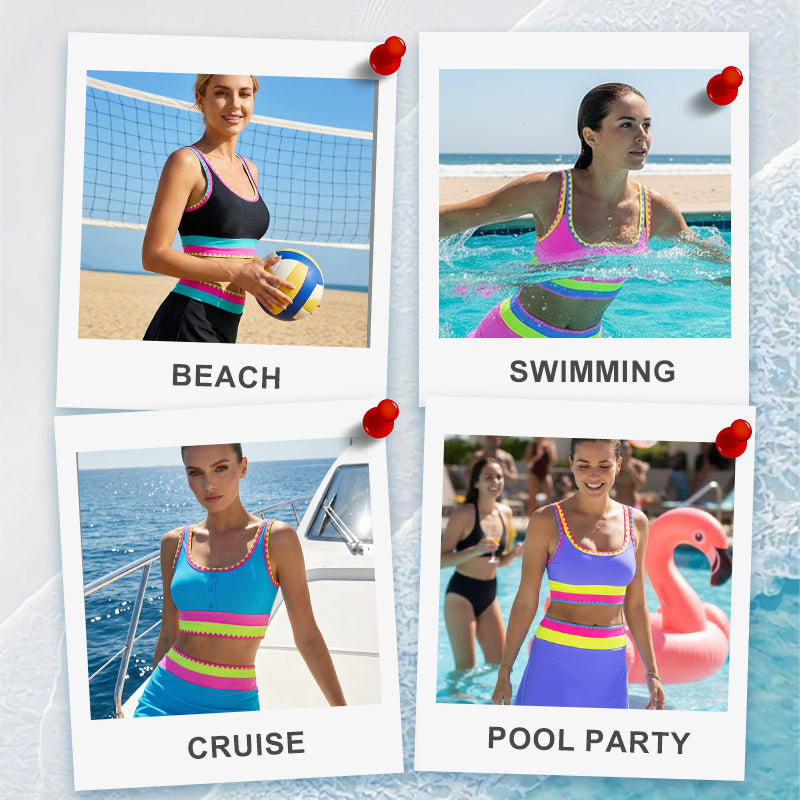 🌼Color Block Patchwork Nylon Sporty 3-Piece Bikini Set - High Waisted & Tummy Control Swimsuit👙🌈