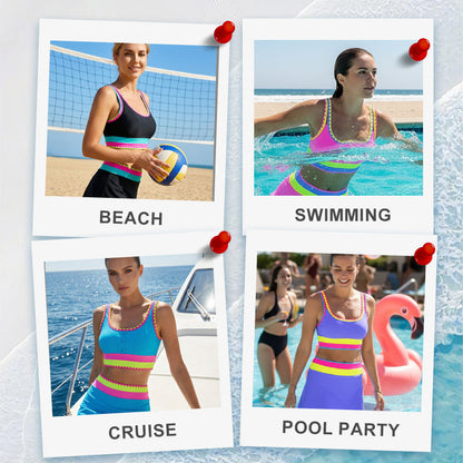 🌼Color Block Patchwork Nylon Sporty 3-Piece Bikini Set - High Waisted & Tummy Control Swimsuit👙🌈