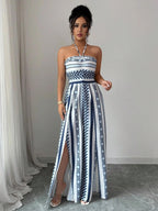 👗 Geometric Jumpsuit with Halter Neckline & Side Slit – Unique print & elastic back