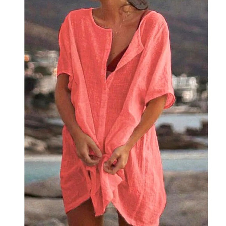 Women's Cotton and Linen Plain Loose Long Shirt