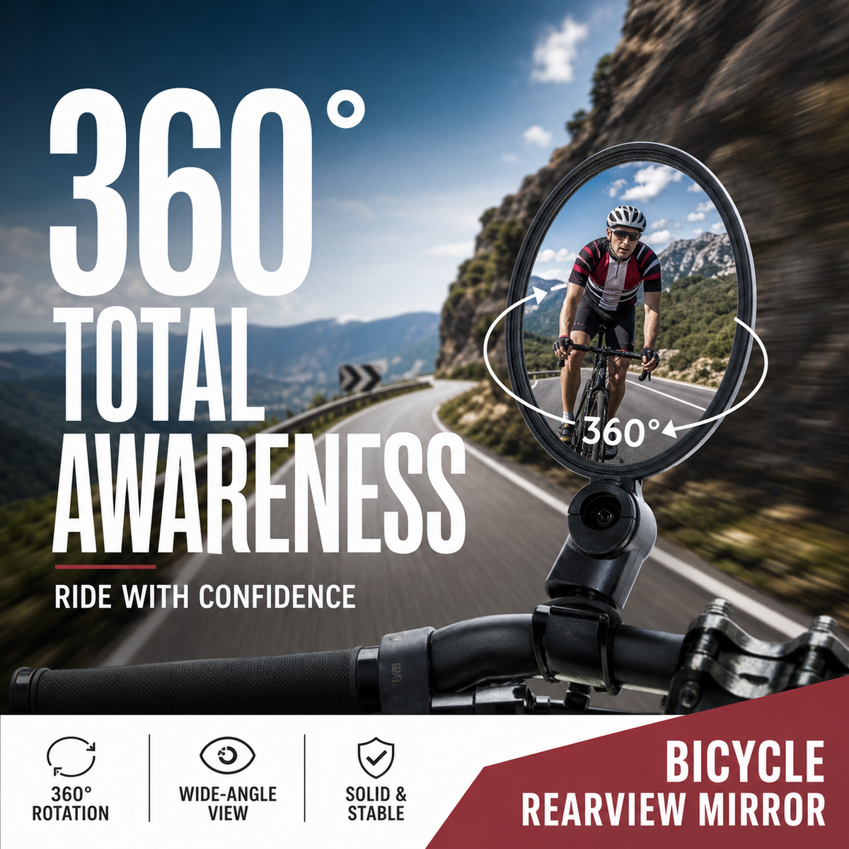 360° Rotating Rearview Mirror – Clear view behind, no more neck twisting. Fits bikes, e‑bikes & motorcycles. Tool‑free silicone strap!