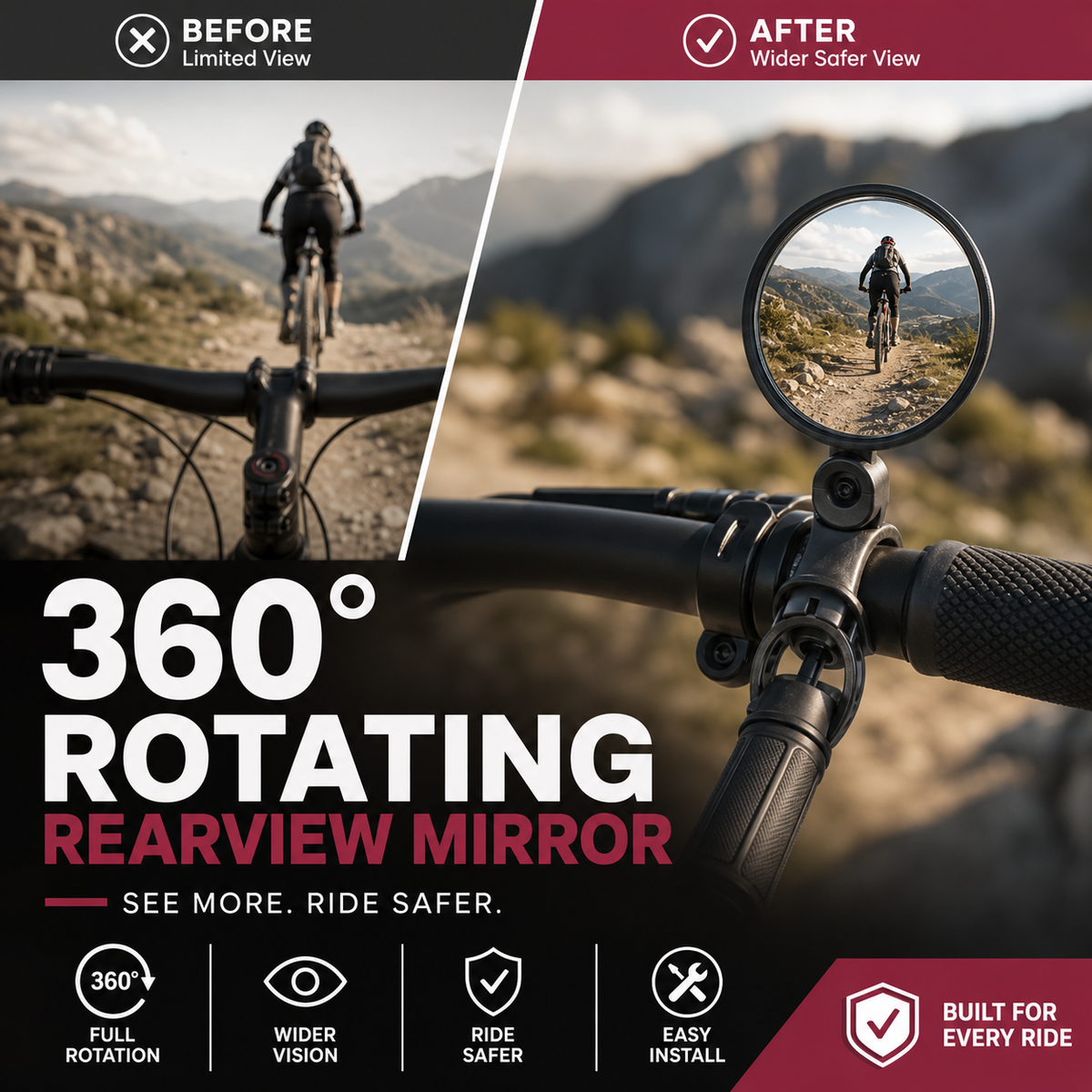 360° Rotating Rearview Mirror – Clear view behind, no more neck twisting. Fits bikes, e‑bikes & motorcycles. Tool‑free silicone strap!