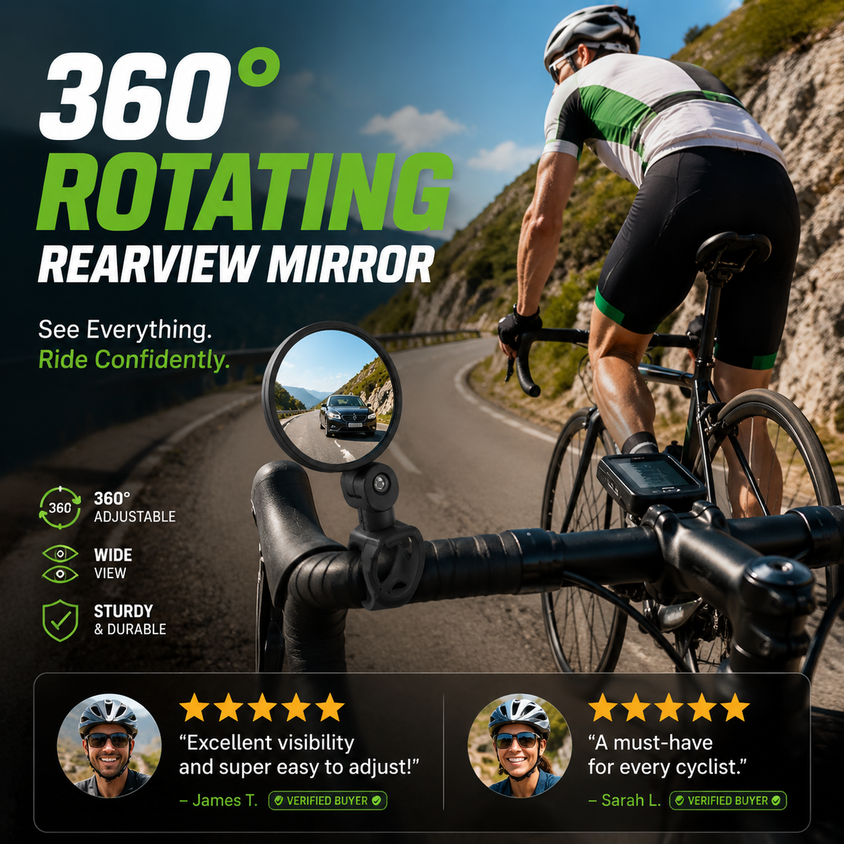 360° Rotating Rearview Mirror – Clear view behind, no more neck twisting. Fits bikes, e‑bikes & motorcycles. Tool‑free silicone strap!