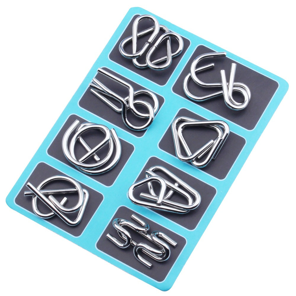 Metal Puzzle Ring Set (8-Piece) Blue Edition Brain Teaser Game