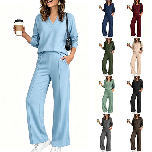 ✨Women's 2 Piece Outfits V Neck Lounge Set | Raglan Long Sleeve Top & Wide Leg Pants