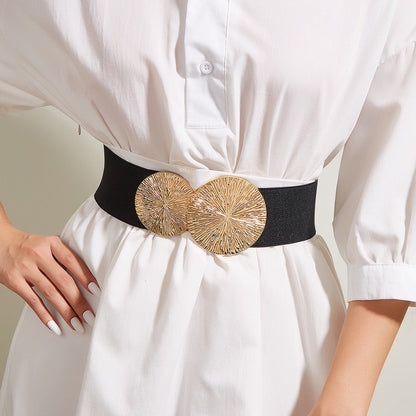 🎁Women's Vintage Gold Buckle High Elastic Belt