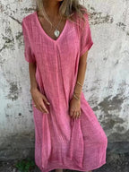 💕Women's Loose V-neck Cotton Linen Dress